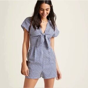 Anthropologie Hutch Blue White Seersucker Gingham Romper with Pockets S